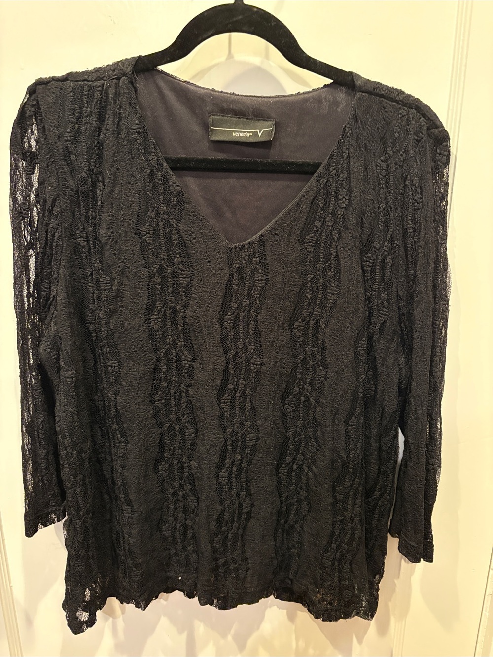 Venezia Black Lace Knit V-Neck Blouse Top BN534